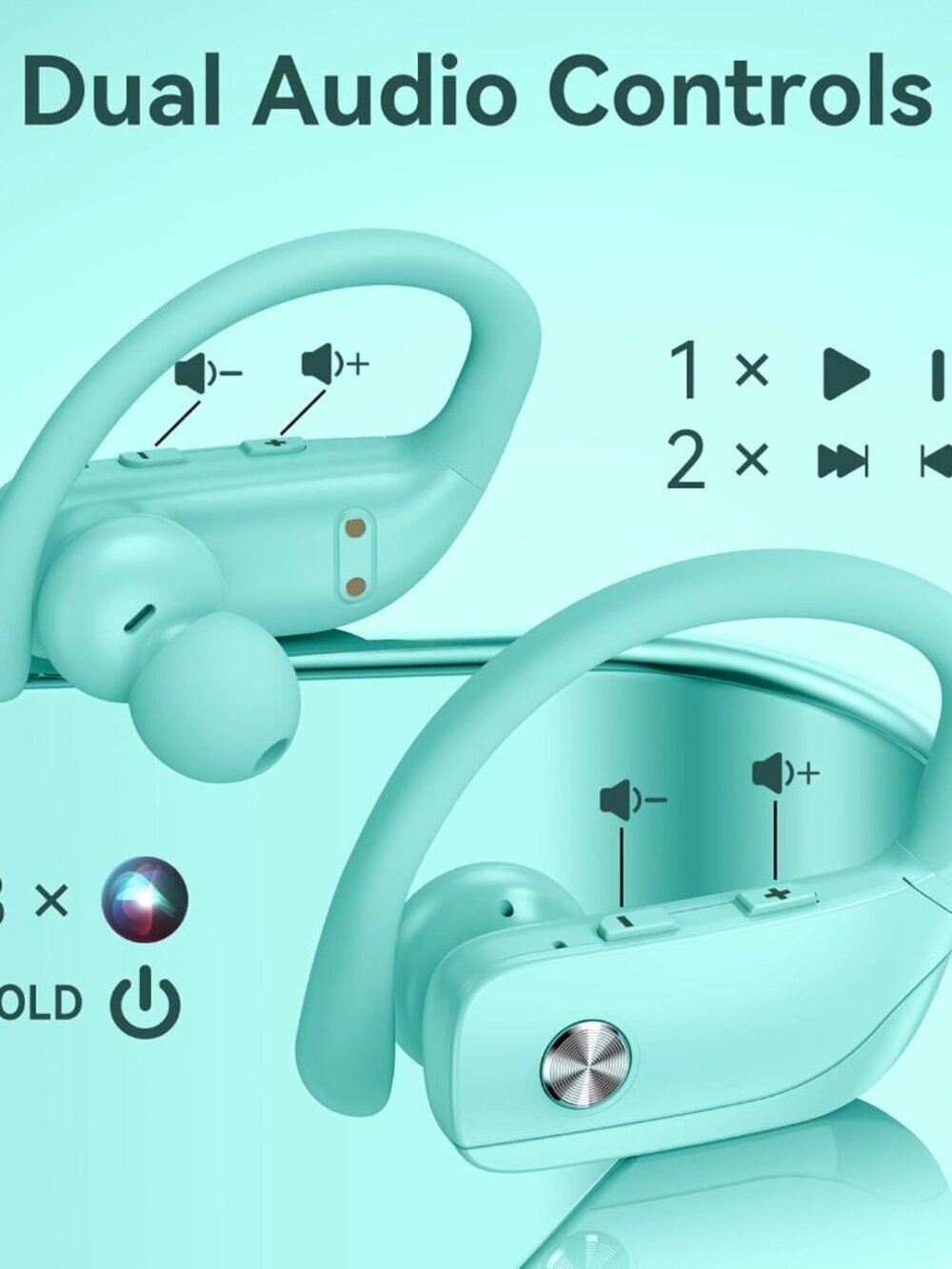 Mint Green Wireless Earbuds Bluetooth LED Display Ear-hooks Built-in Mic Headset - Picture 4 of 6